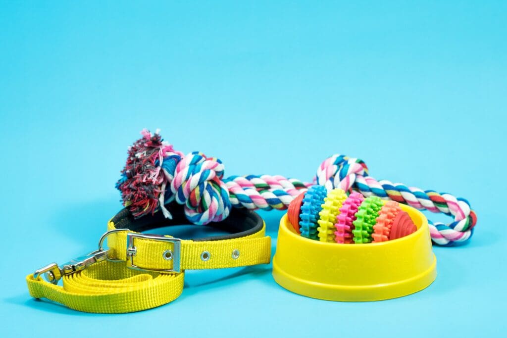 A pile of puppy products in a pile with a light blue background.