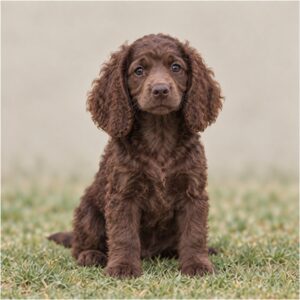 Lively brown dog with wavy coat standing in a grassy field