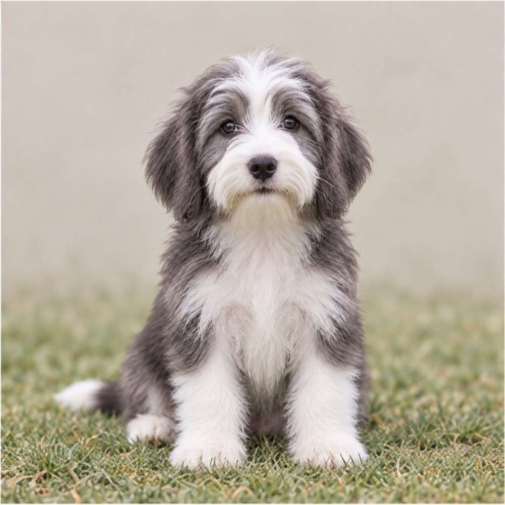 Fluffy, medium-sized dog with a long, shaggy coat and lively expression