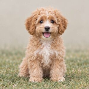 Fluffy, white dog with curly coat, sitting happily on grass