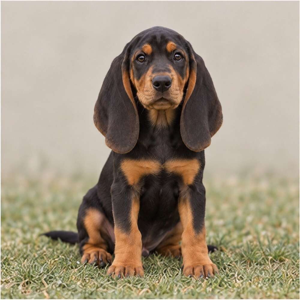 A sleek black and tan coonhound standing alert with its tail raised