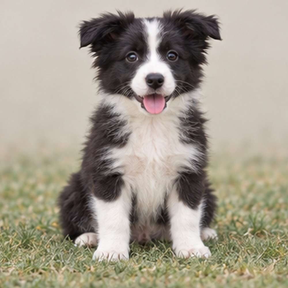 Black and white Border Collie sitting attentively, with alert ears and expressive eyes