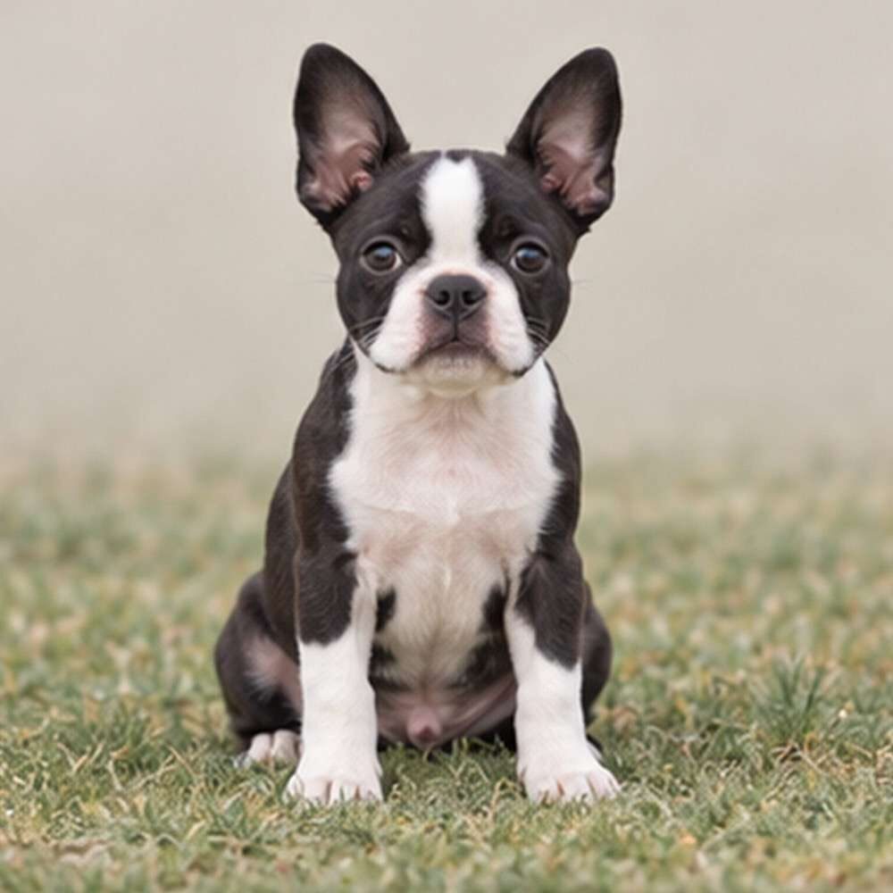 Black and white Boston Terrier sitting upright, looking curiously at the camera