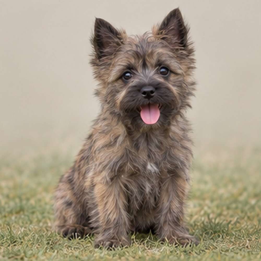 Scruffy, brown fur with perky ears and a playful stance