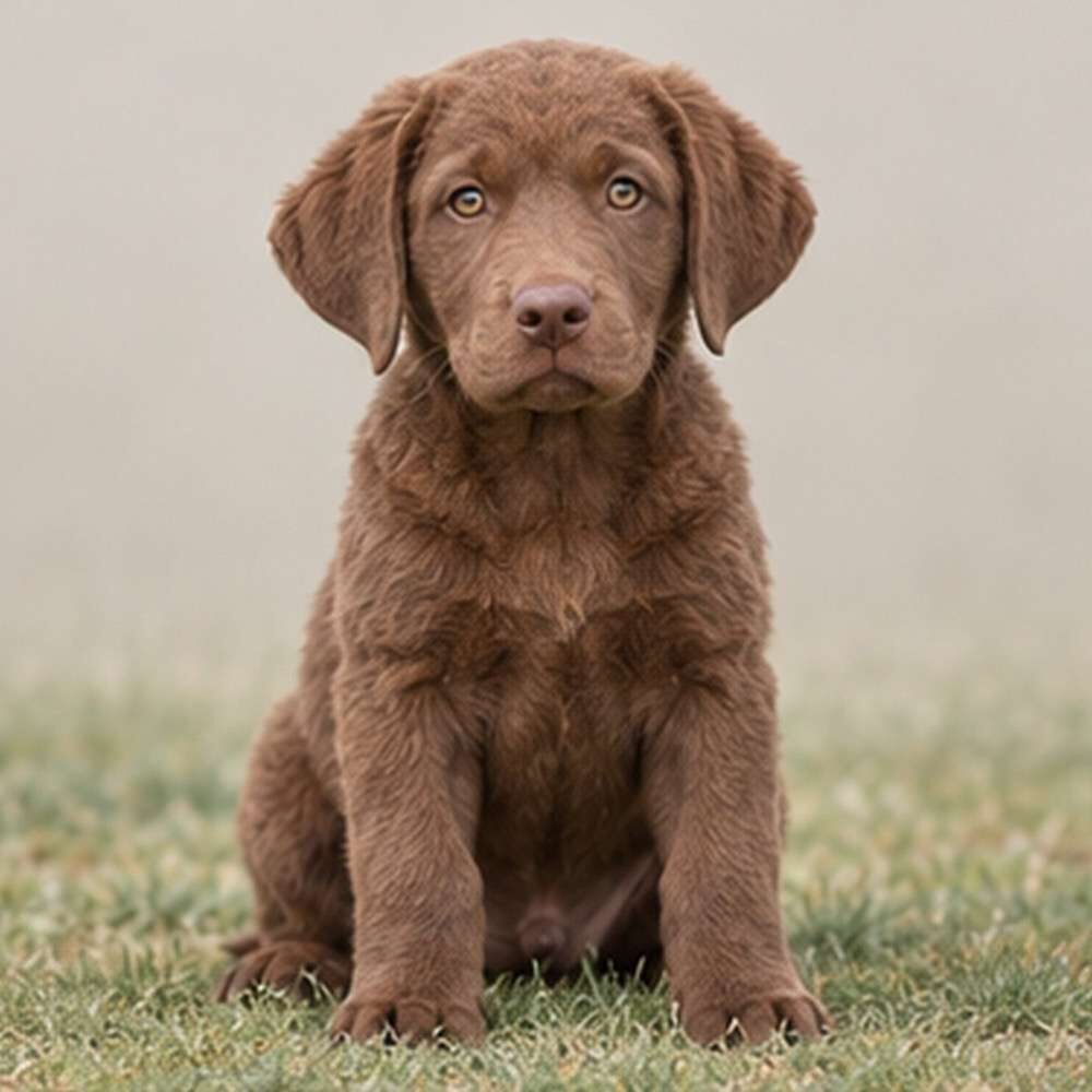 A brown Chesapeake Bay Retriever standing confidently by the water's edge