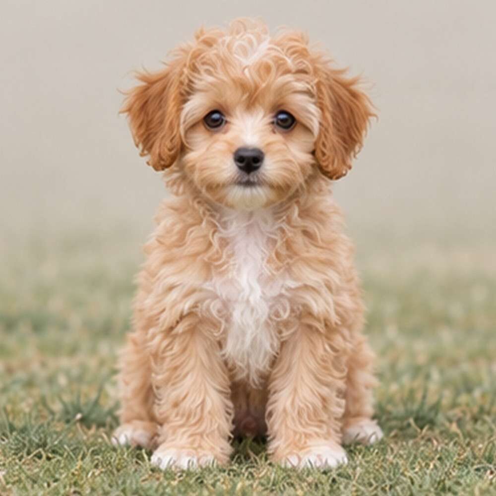 Small, fluffy dog with a curly coat, playful expression, and alert posture
