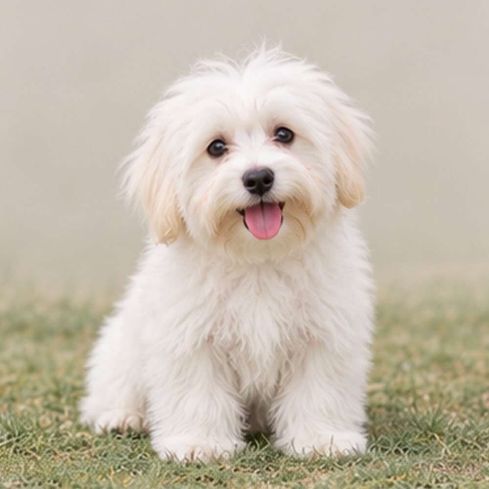 Fluffy white dog with long, curly coat sitting proudly on grass