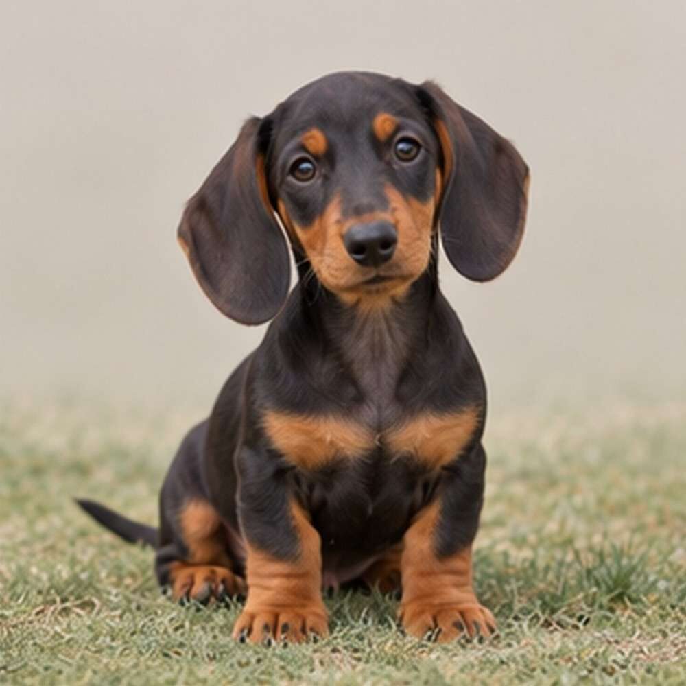 Short-bodied dog with long, smooth coat, and alert posture