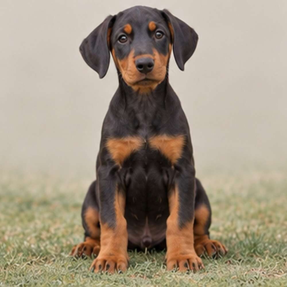 Sleek black and tan Doberman standing proudly with alert expression
