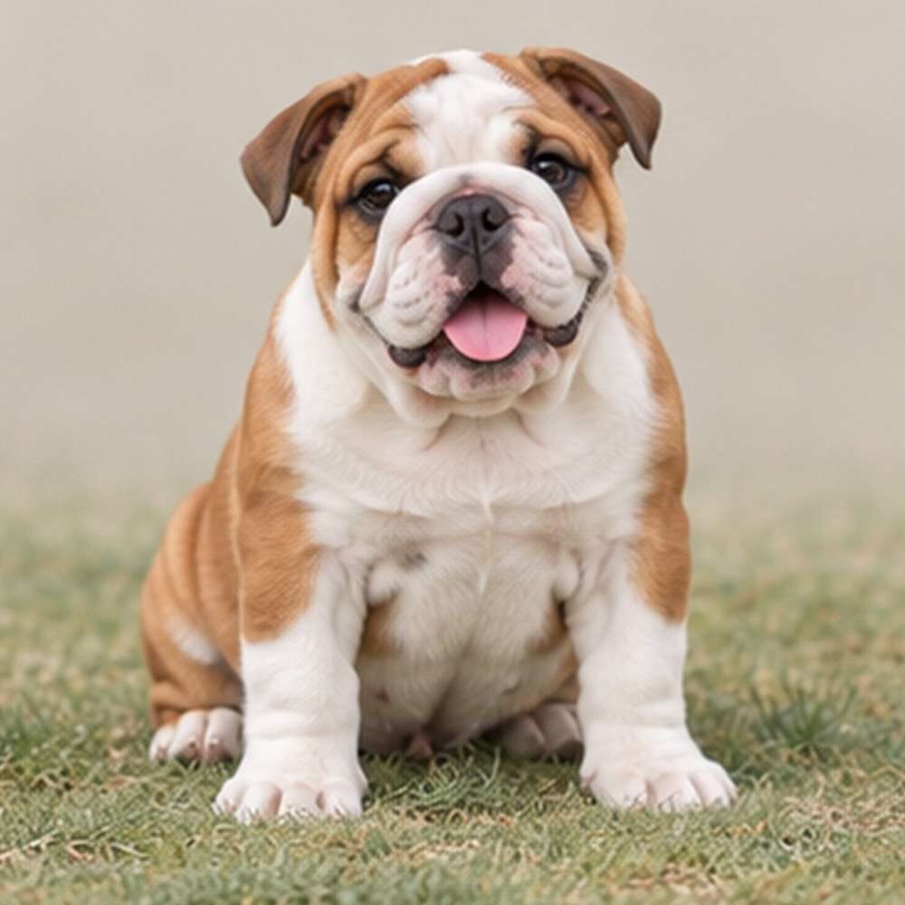 Stocky English Bulldog with loose skin, brindle coat, and expressive face