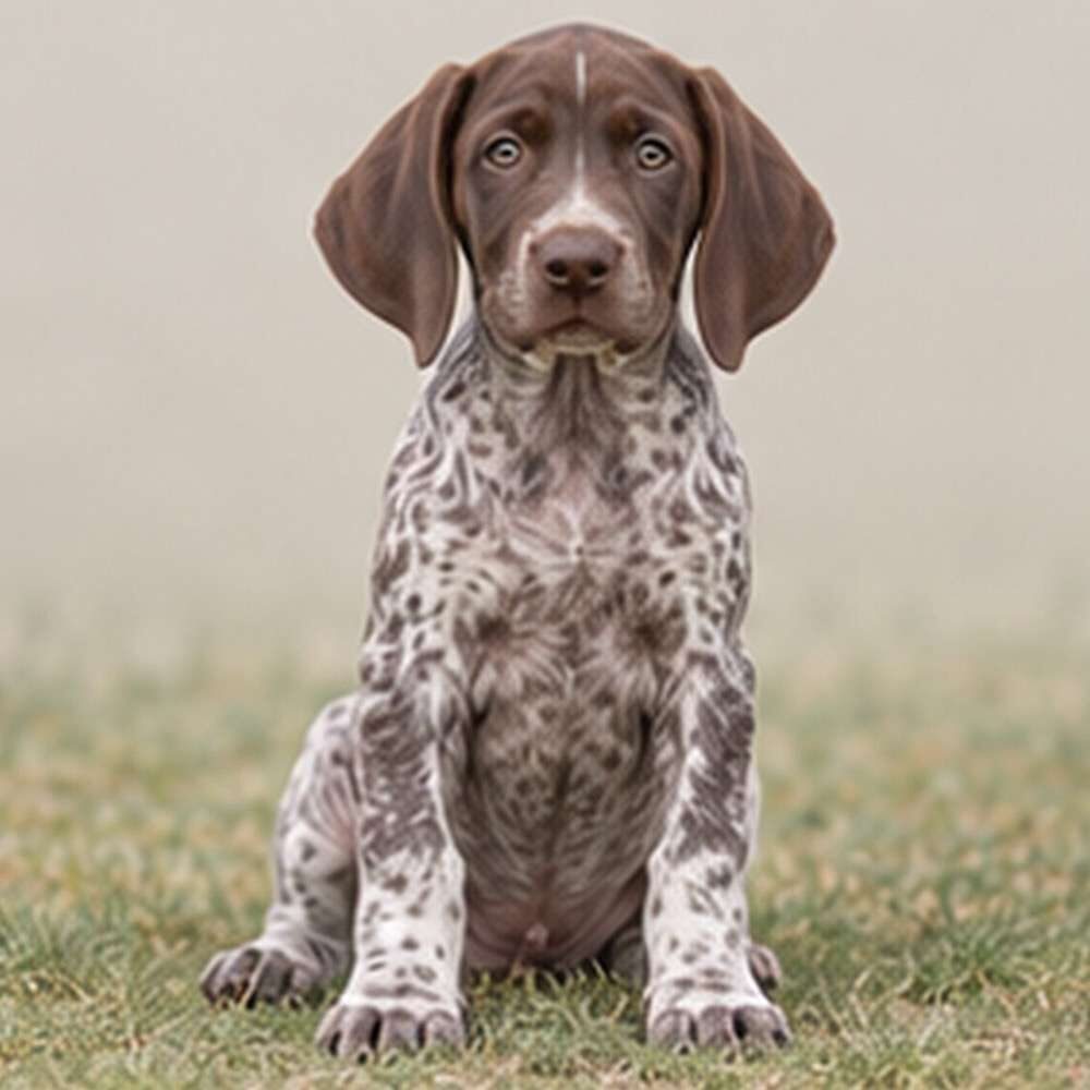 Liver and white spotted dog standing proudly with alert expression