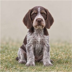 A wiry-coated dog with a distinctive brown and white pattern, standing alert