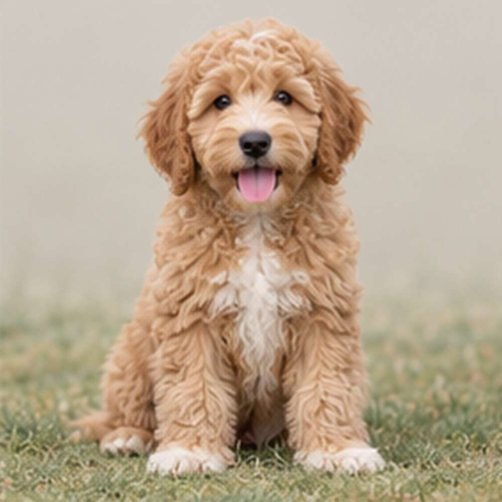 Fluffy gold and cream dog sitting playfully with a joyful expression