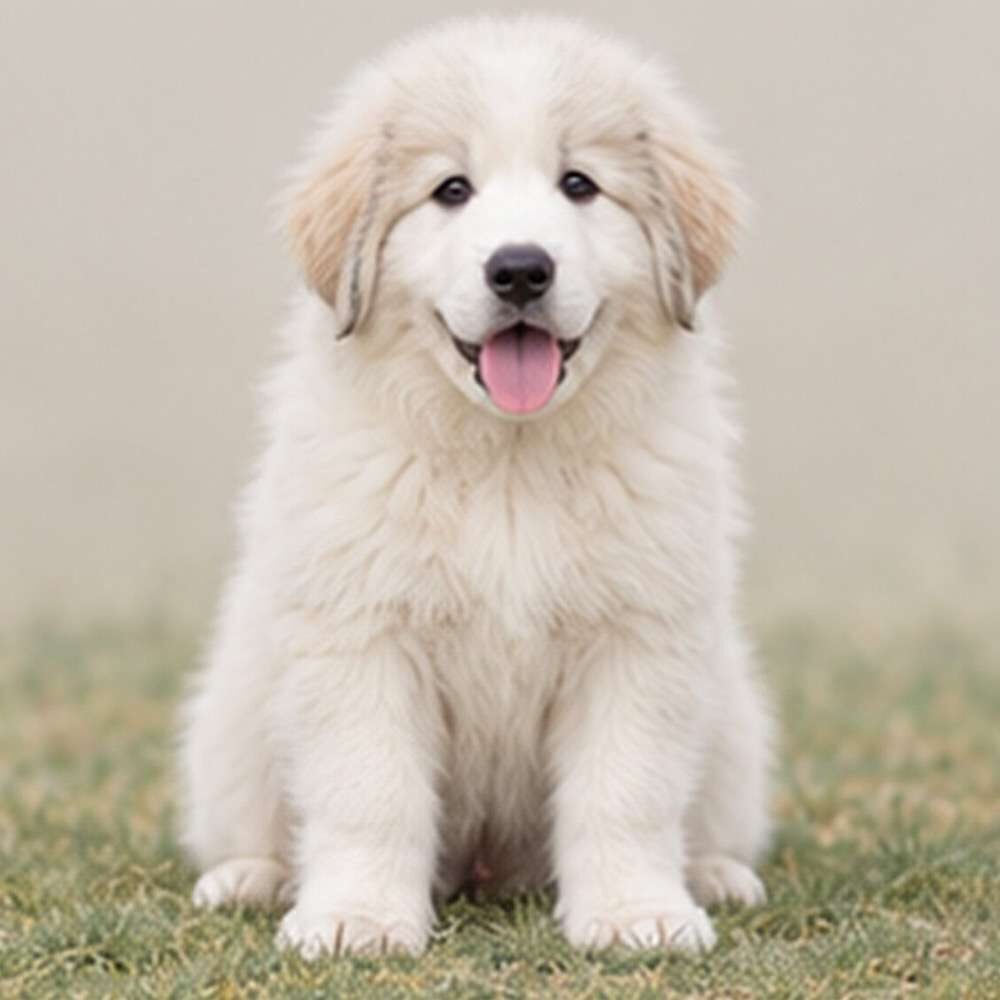 Fluffy white dog sitting majestically on a grassy hilltop