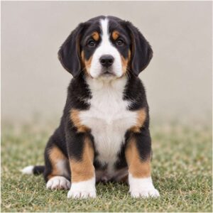 Large dog with a tricolor coat, standing proudly in a grassy field