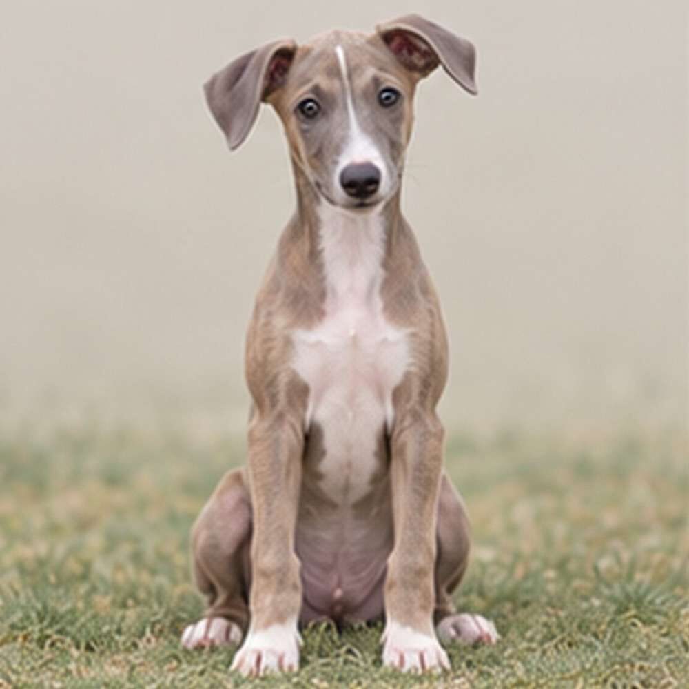 Sleek greyhound standing gracefully, showcasing short, smooth coat and alert expression