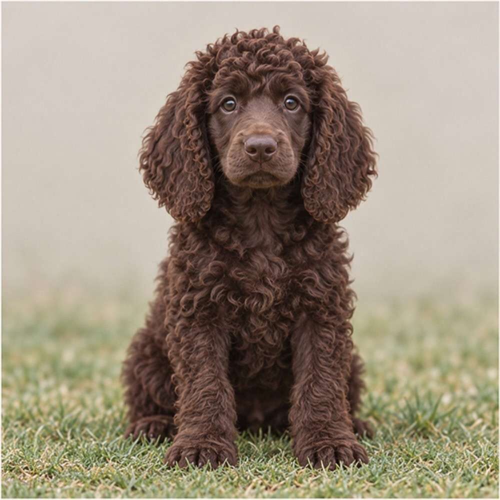 Curly, water-resistant coat in rich liver brown, playful posture by water's edge