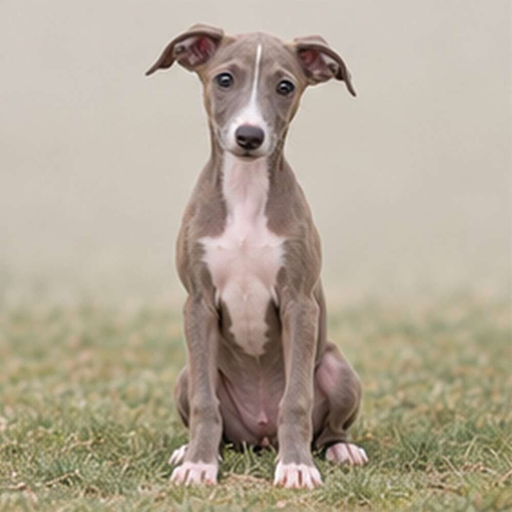 Elegant Italian Greyhound with sleek gray coat standing confidently on grass