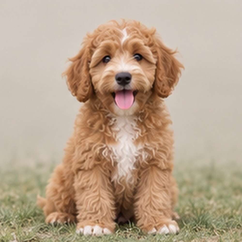 Curly-haired Labradoodle sitting proudly with a playful expression and brown coat