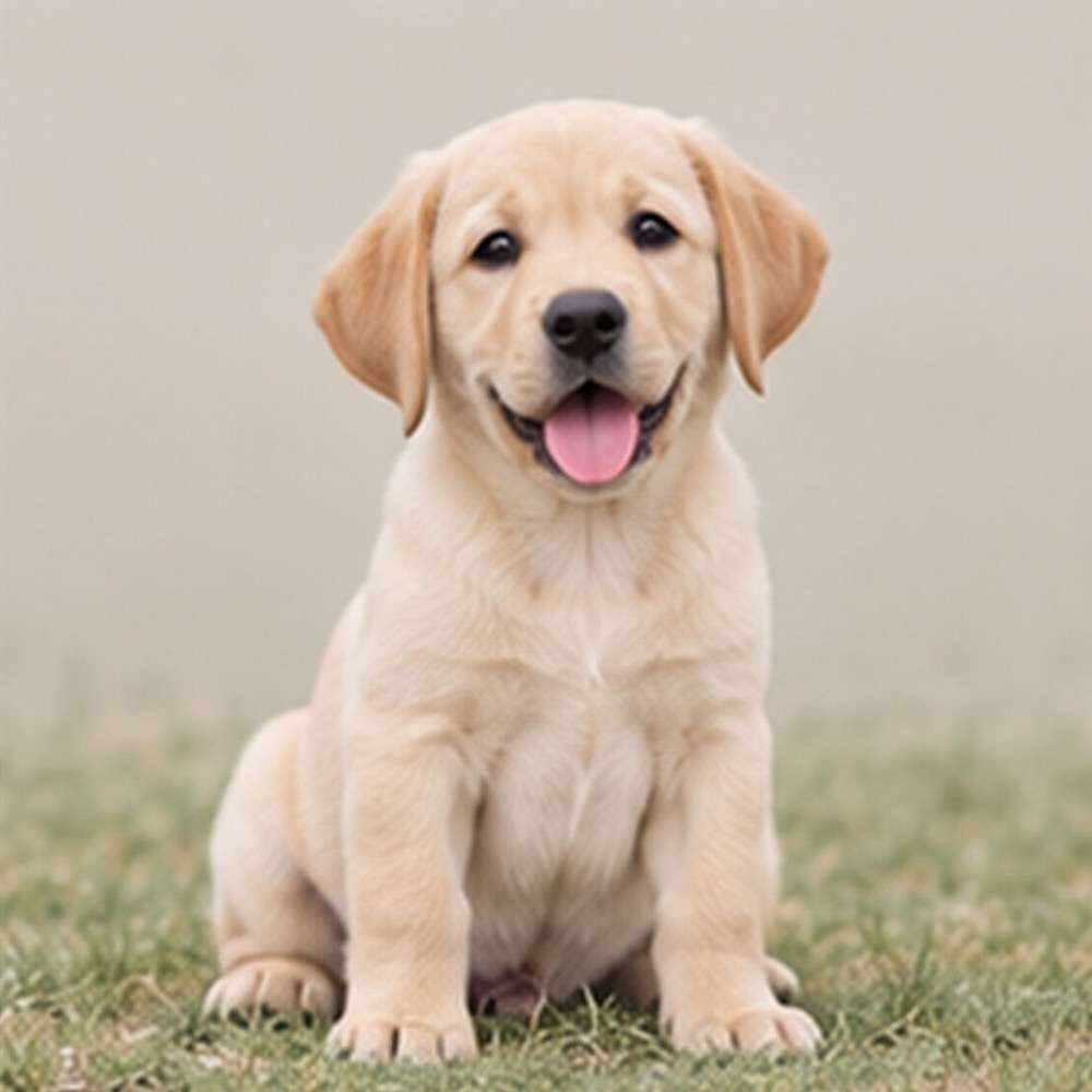 A playful yellow Labrador Retriever sitting outdoors with a wagging tail