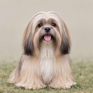 Fluffy Lhasa Apso with a long, flowing coat sitting alertly