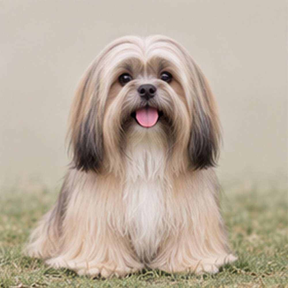 Fluffy Lhasa Apso with a long, flowing coat sitting alertly