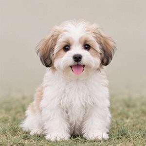 Fluffy Malshi with a white and cream coat sitting playfully on grass
