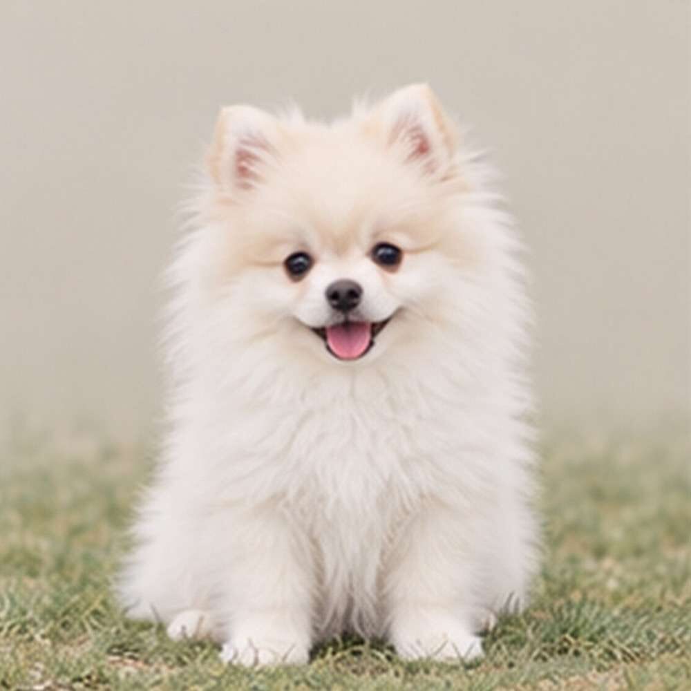 Fluffy white and tan dog standing attentively with a playful expression