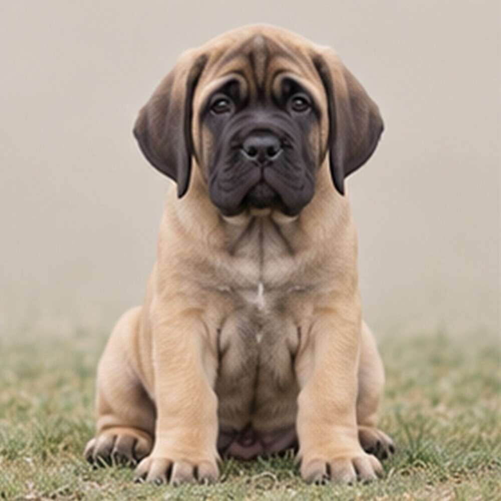 Large, powerful Mastiff with a wrinkled brow and gentle expression