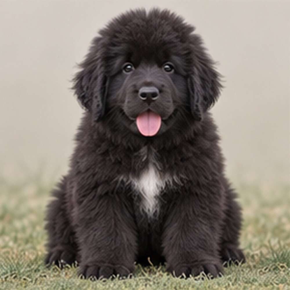 Large, fluffy black dog with a thick coat, standing proudly by water