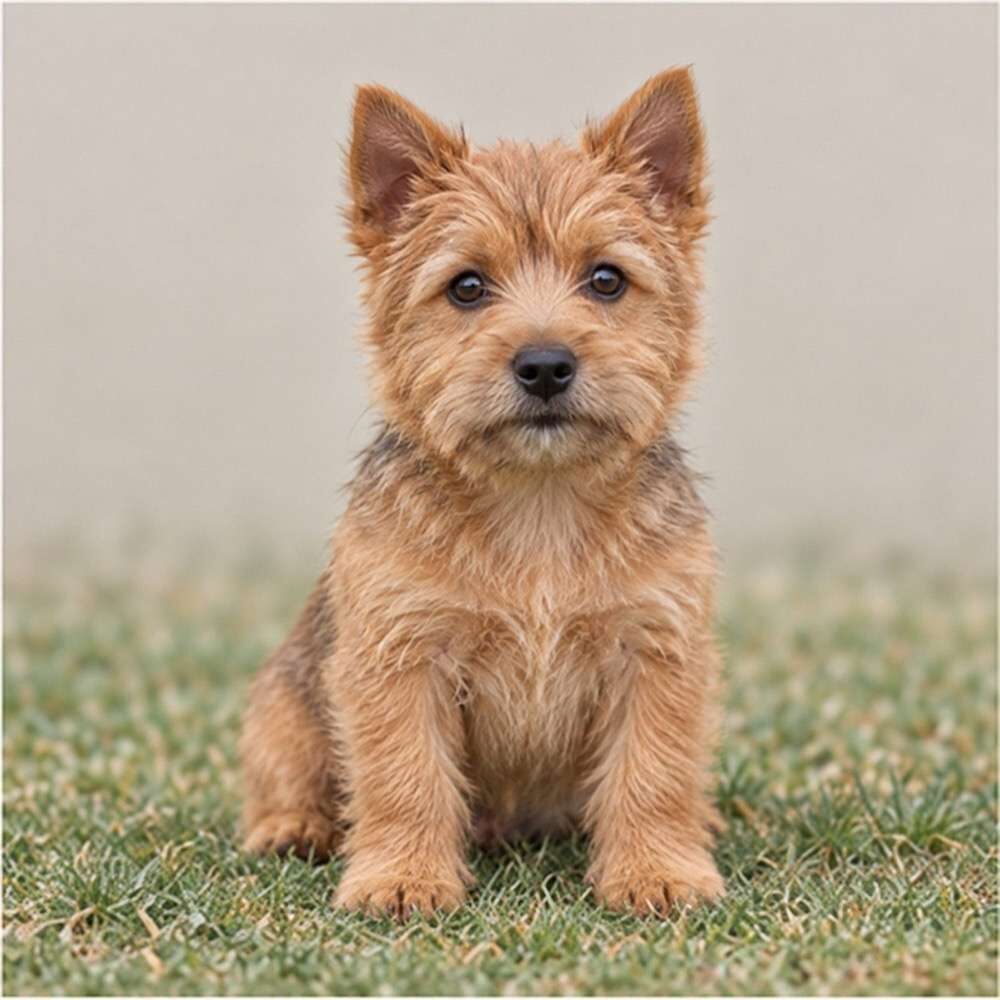 Small, wiry dog with a scruffy golden coat, alert stance and friendly expression