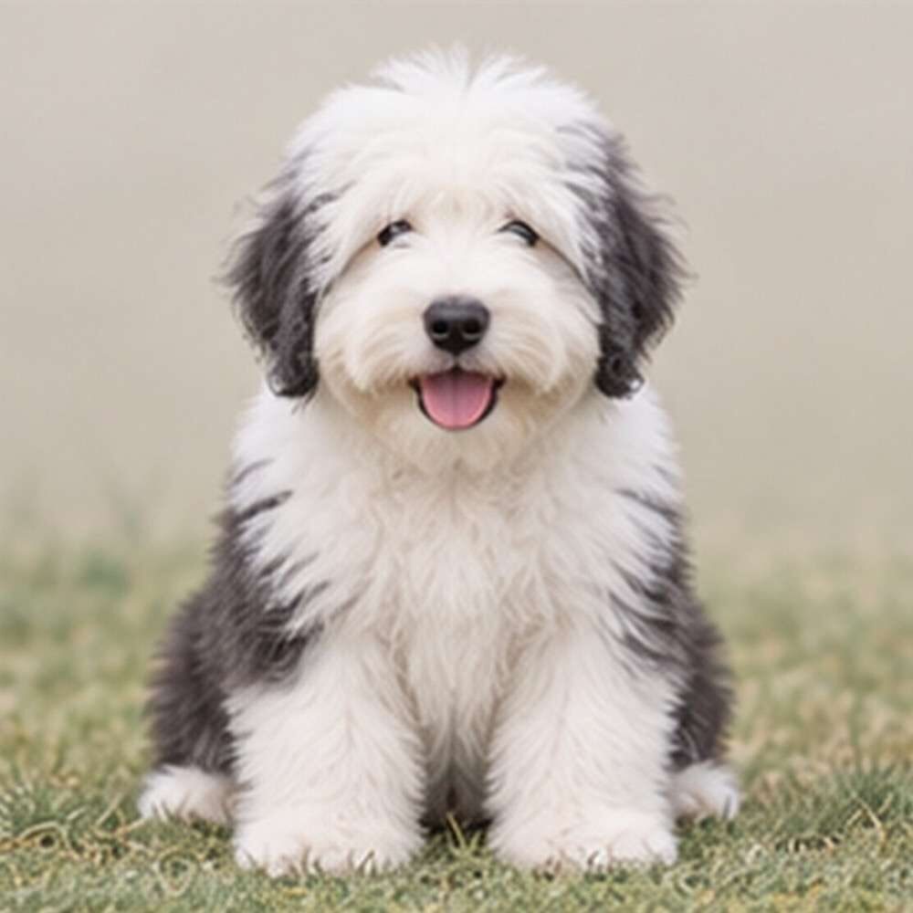 Fluffy, gray and white coat, standing confidently with a playful expression