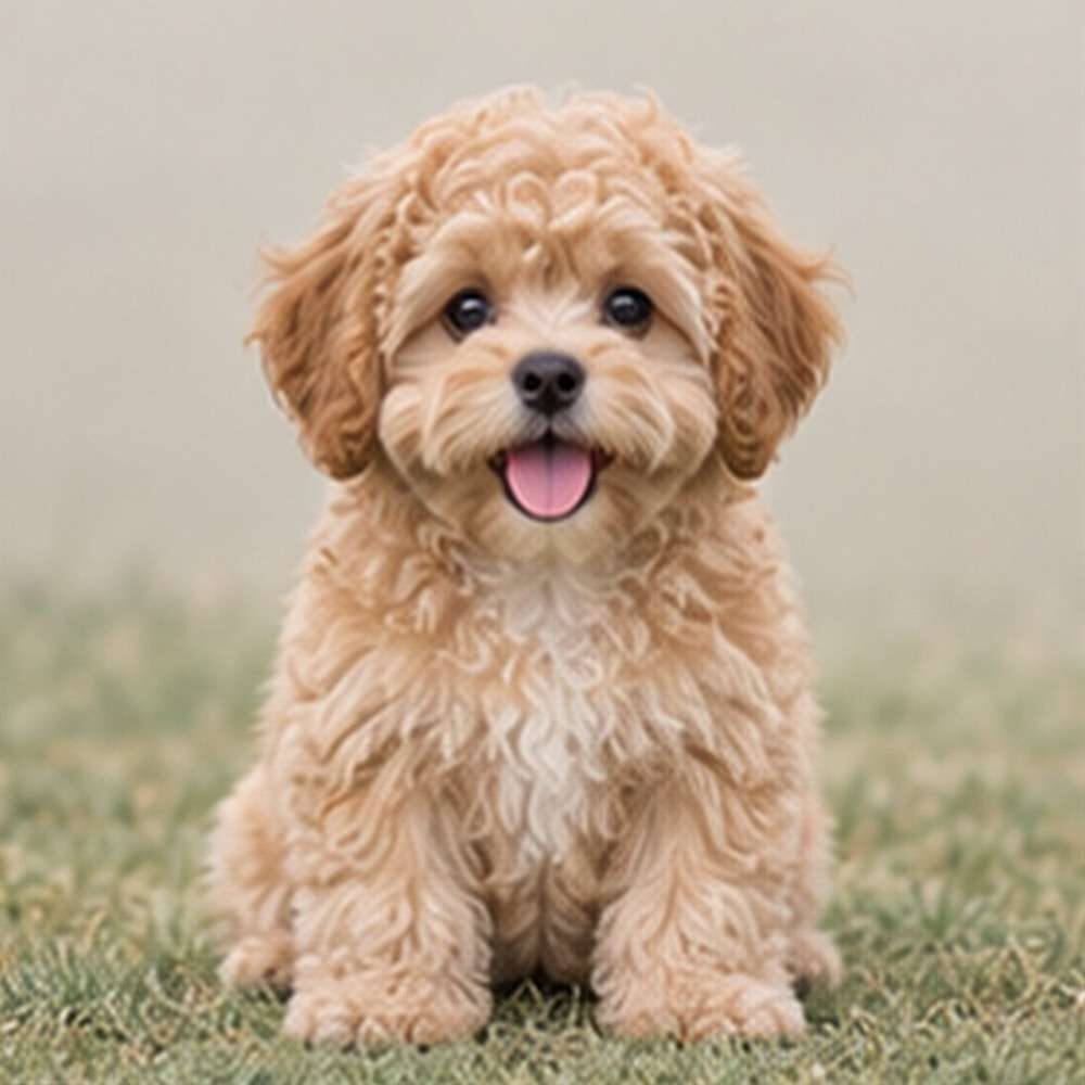 Fluffy, small dog with a mix of curly and straight fur, sitting gracefully
