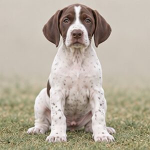Elegant brown and white spotted dog standing alert in a grassy field