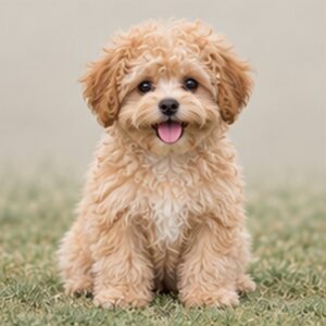 Fluffy tan and white dog sitting upright with a playful expression