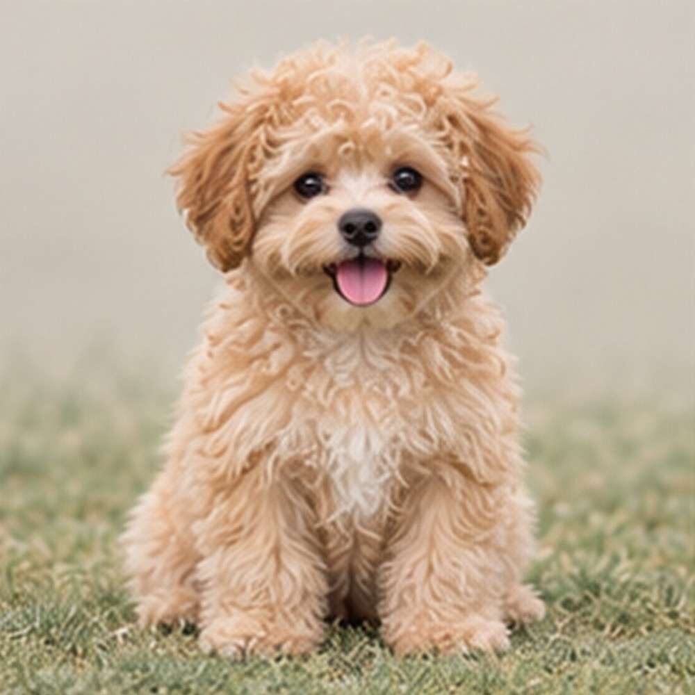 Fluffy tan and white dog sitting upright with a playful expression