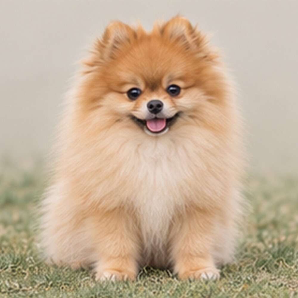 Fluffy orange Pomeranian standing proudly with bright, expressive eyes