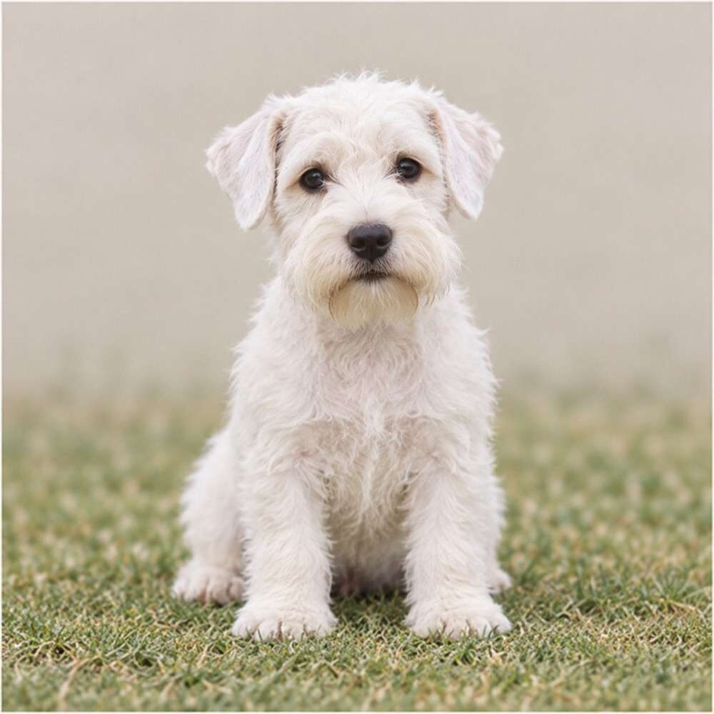 White, scruffy-coated Sealyham Terrier standing alert with playful eyes
