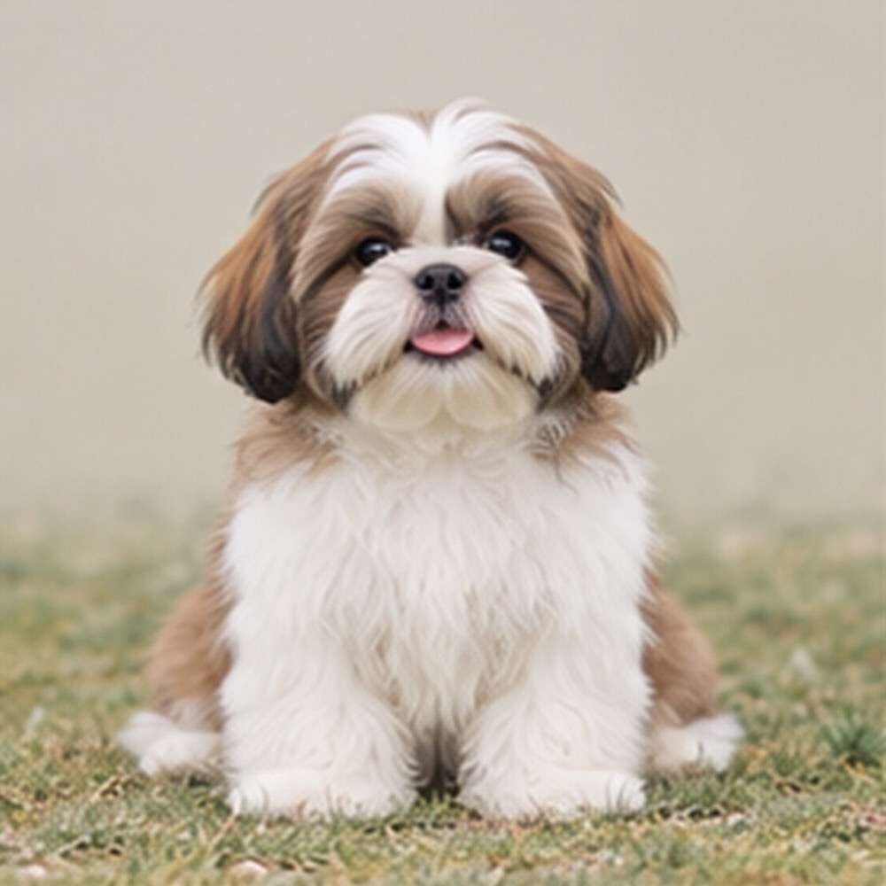 Fluffy Shih Tzu with a silky coat, sitting playfully with a tilted head