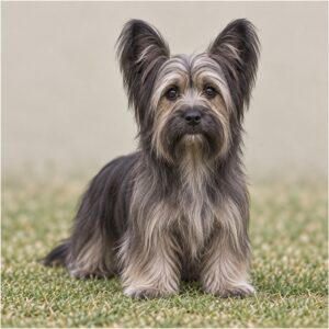 Long-haired dog with a soft, wavy coat, standing proudly outdoors