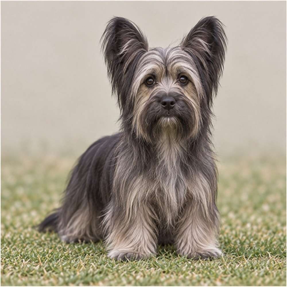 Long-haired dog with a soft, wavy coat, standing proudly outdoors