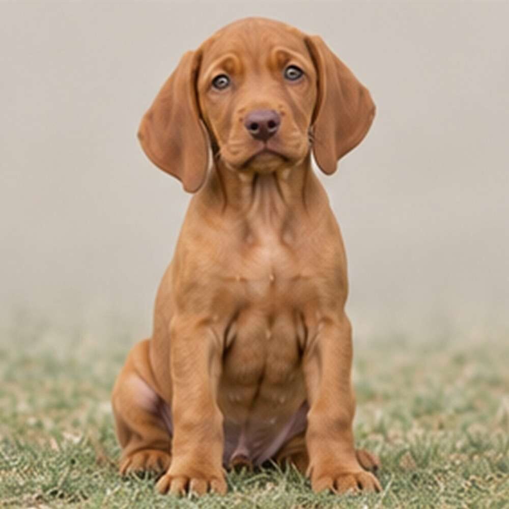 Short-haired copper-colored dog standing alert in a grassy field