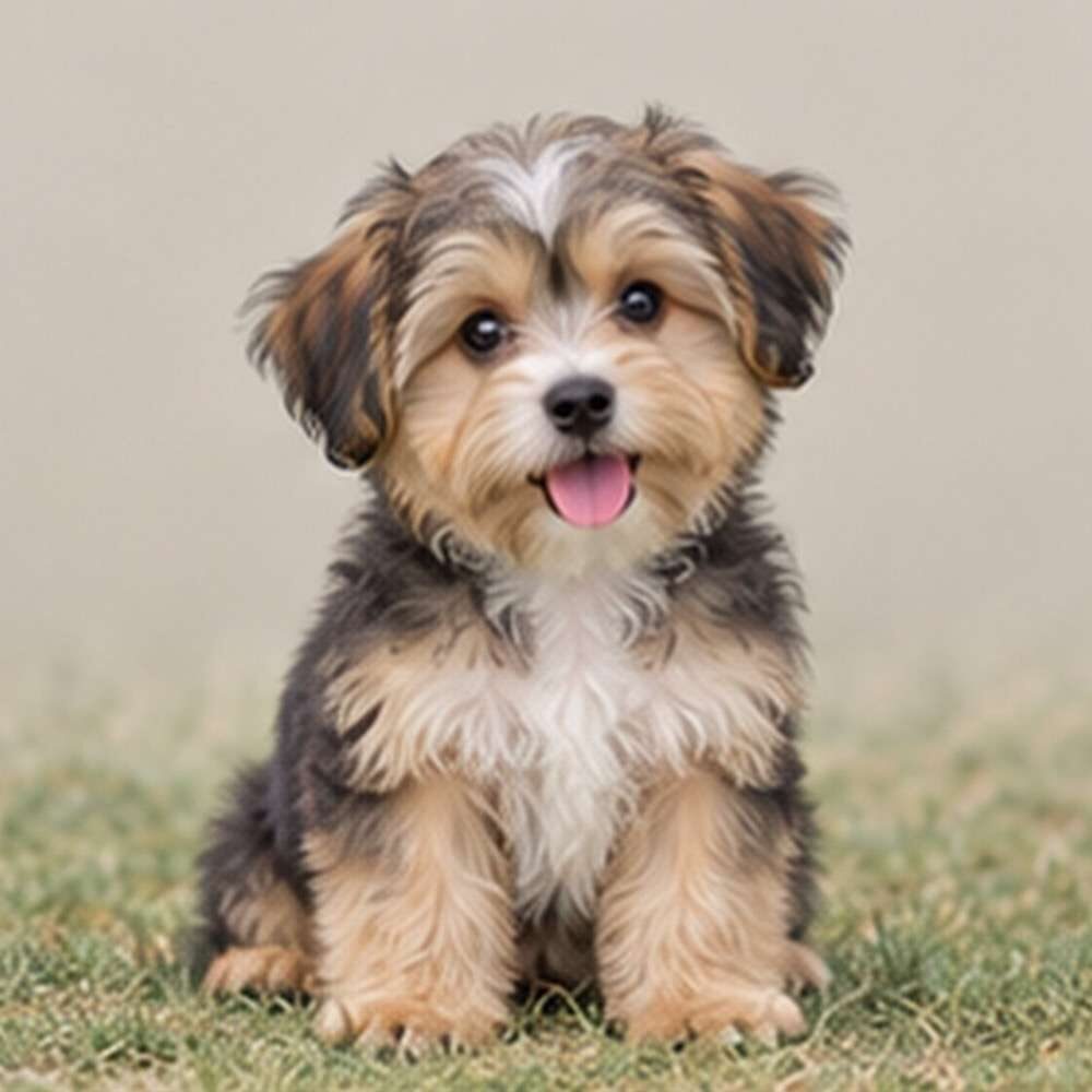 Small dog with fluffy coat, tan and white fur, sitting playfully